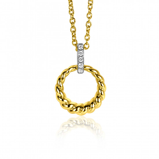 ZINZI zilveren bicolor ronde hanger 15mm gedraaid motief, hangoog bezet met witte zirconia's ZIH2403Y (zonder collier)