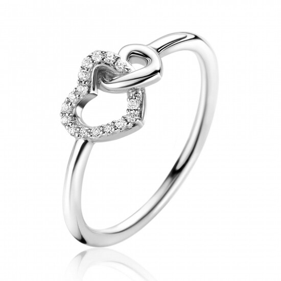 ZINZI zilveren ring 2 hartjes met elkaar verbonden, 1 hart bezet met witte zirconia's ZIR2493C