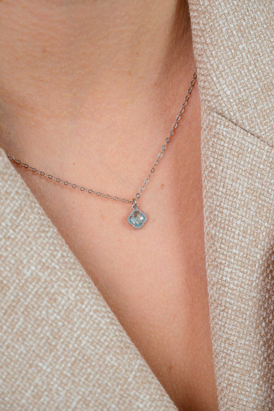 ZINZI zilveren schakelketting met een lichtblauwe klaver in het midden 40-45cm ZIC2905B