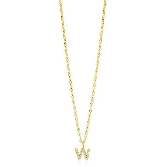 ZINZI gold plated zilveren letter hanger W bezet met witte zirkonia's ZIH2828-W (zonder ketting)