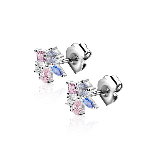 8mm ZINZI zilveren oorstekers bezet met een speelse combinatie van witte, roze, paarse en blauwe kleurstenen in verschillende slijpvormen ZIO2866