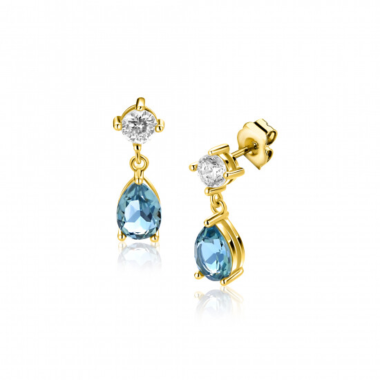16mm ZINZI gold plated zilveren oorstekers blauwe peer en wit ronde zetting ZIO2744
