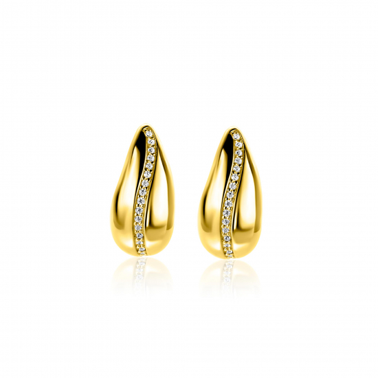17mm ZINZI gold plated zilveren oorstekers in druppelvorm met golvende rij witte zirkonia's ZIO2707Y