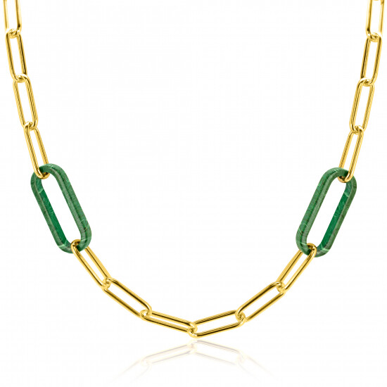ZINZI gold plated zilveren luxe ketting 43cm met paperclip-schakels en twee grote trendy ovale schakels in malachietgroen ZIC2488