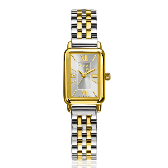 ZINZI Small Elegance bicolor horloge zilverkleurige sunray wijzerplaat en rechthoekige kast stalen bicolor schakelband 22mm extra dun ZIW2833
