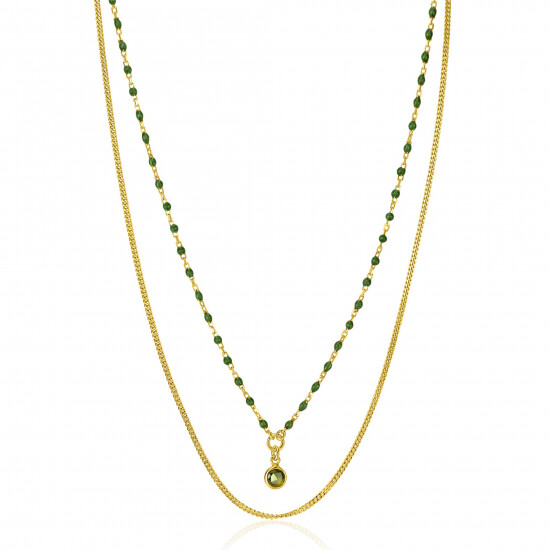 ZINZI gold plated zilveren multilook ketting met gourmet en groene bolletjes schakels, ronde zetting met olijfgroene kleursteen 42-45cm ZIC2528G