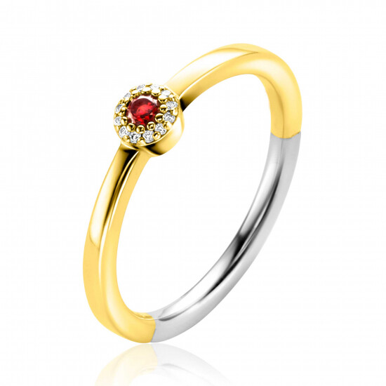 ZINZI gold plated zilveren ring ronde zetting met rood granaat kleursteen en rondom witte zirconia's 4,5mm breed ZIR2560C
