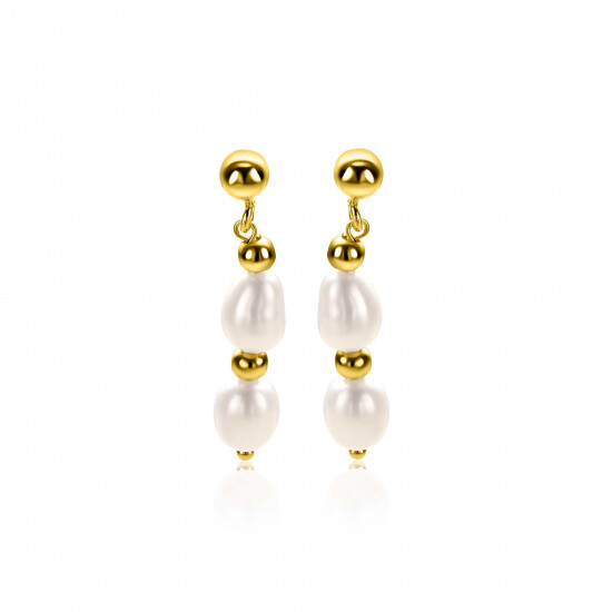 30mm ZINZI gold plated zilveren oorstekers met glanzende bolletjes en twee witte zoetwaterparels ZIO-BF121