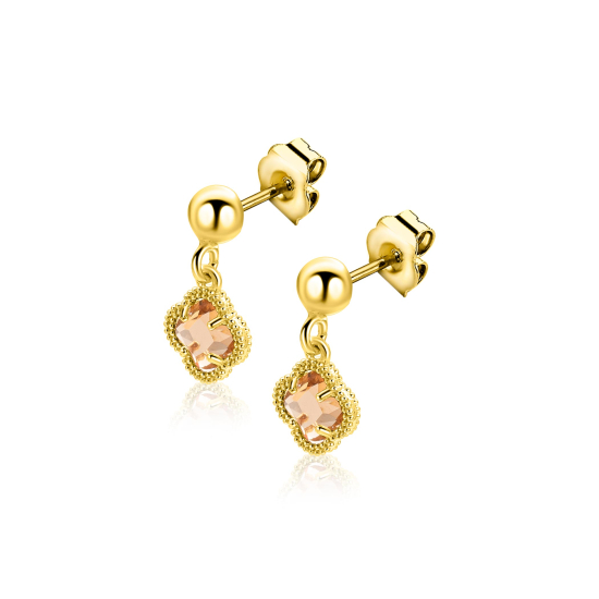 14mm ZINZI gold plated zilveren oorstekers met licht bruine klavers 7mm ZIO2905C
