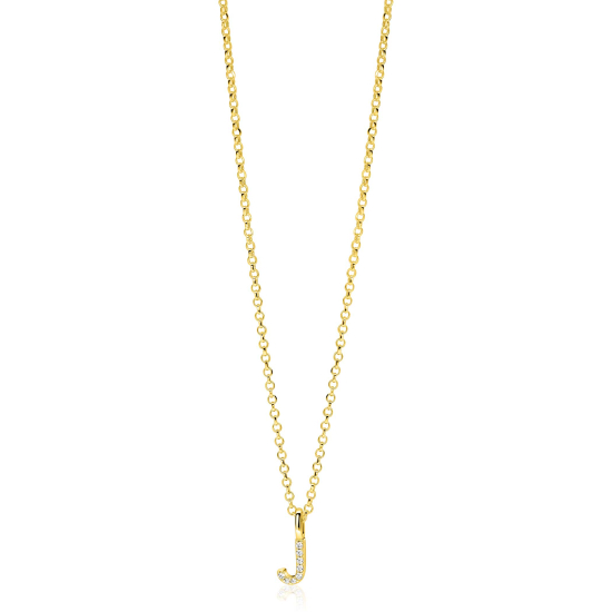 ZINZI gold plated zilveren letter hanger J bezet met witte zirkonia's ZIH2828-J (zonder ketting)