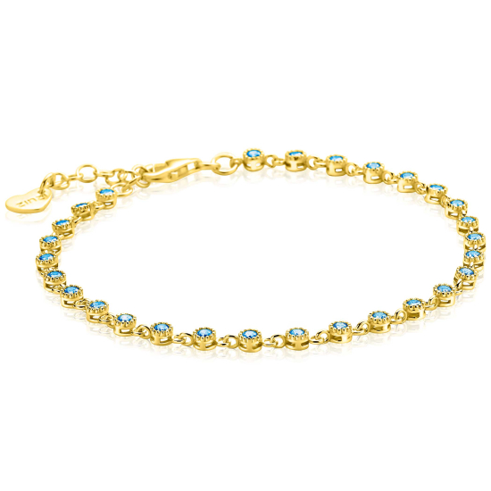 ZINZI gold plated zilveren armband met een speelse rij blauwe zirkonia’s in ronde zetting 3mm breed ZIA2893BG