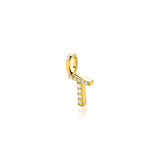 ZINZI gold plated zilveren letter hanger T bezet met witte zirkonia's ZIH2828-T (zonder ketting)