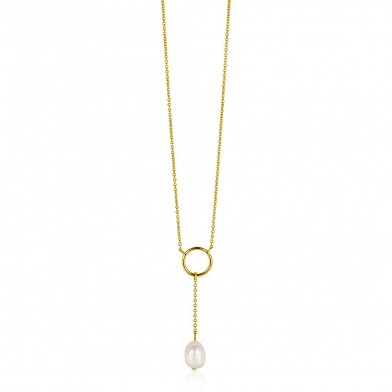 ZINZI gold plated zilveren Y-ketting met open rondje en bungelend witte zoetwaterparel in organische vorm 42-45cm ZIC2615