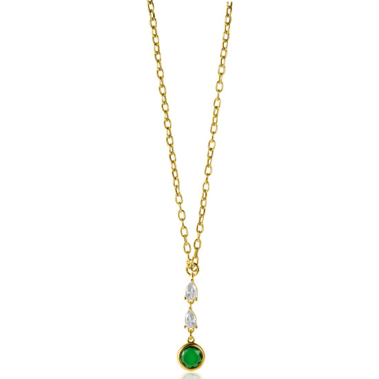 ZINZI gold plated zilveren schakelketting met hanger (31mm) bezet met twee peervormige witte zirconia's en een ronde groene kleursteen 40-45cm ZIC-BF69G