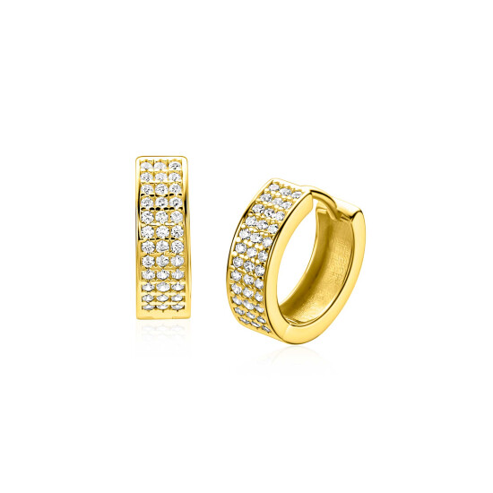 13mm ZINZI gold plated zilveren brede oorringen bezet met drie rijen schitterende witte zirkonia’s, luxe klapsluiting ZIO2862Y