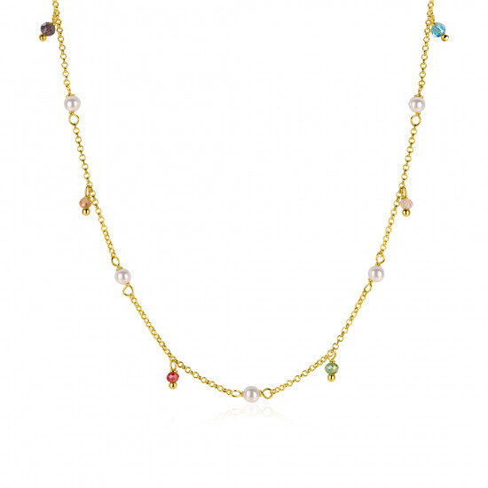 ZINZI gold plated zilveren ketting met witte parels en bungelende beads (5,5 mm) in frisse kleuren 42-45cm ZIC2705G