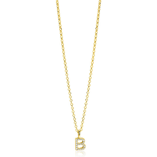 ZINZI gold plated zilveren letter hanger B bezet met witte zirkonia's ZIH2828-B (zonder ketting)