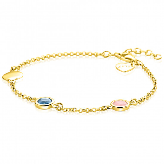 ZINZI gold plated zilveren armband met rondjes, bezet met blauwe en roze kleurstenen ZIA2715G