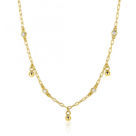ZINZI gold plated zilveren schakelketting met vier witte zirkonia's en 3 ronde bolletjes, gelijkmatig verdeeld over de ketting 42-45cm ZIC2658