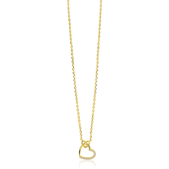 ZINZI gold plated zilveren ketting met twee sierlijke harten die met elkaar verbonden zijn, ook bezet met witte zirkonia's 42-45cm ZIC2874Y