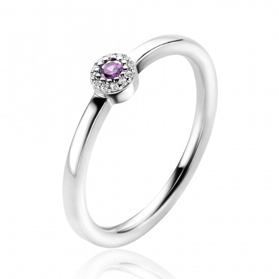 ZINZI zilveren ring ronde zetting met paarse kleursteen en rondom witte zirconia's 4,5mm breed ZIR2561C