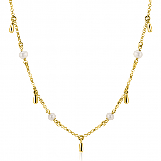 ZINZI gold plated zilveren ketting met witte zoetwaterparels en druppeltjes 42-45cm ZIC2753