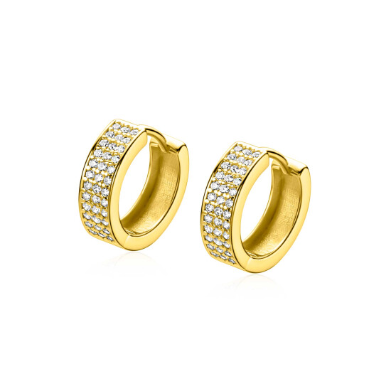 13mm ZINZI gold plated zilveren brede oorringen bezet met drie rijen schitterende witte zirkonia’s, luxe klapsluiting ZIO2862Y
