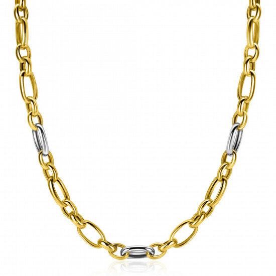 ZINZI bicolor schakelketting (7mm breed) met afwisselend gold plated jasseron schakels en grote zilveren ovale schakels 45cm ZIC2639