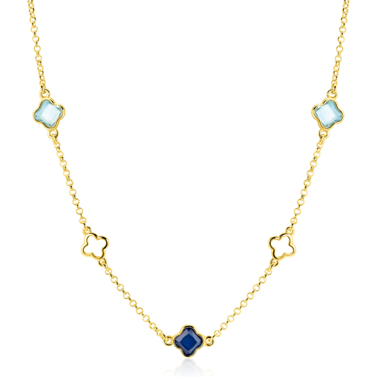 ZINZI gold plated zilveren schakelketting met twee licht blauwe klavers en een saffier blauwe klaver 40-45cm ZIC2906