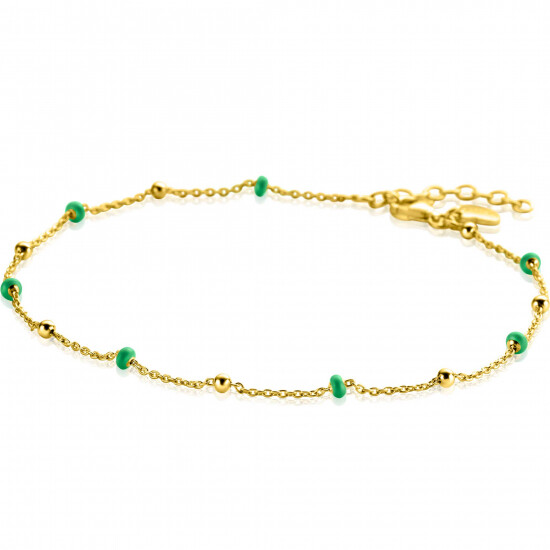 ZINZI gold plated zilveren fantasie enkelband met 7 groene donuts en glanzende bolletjes 23-27cm ZIE2509