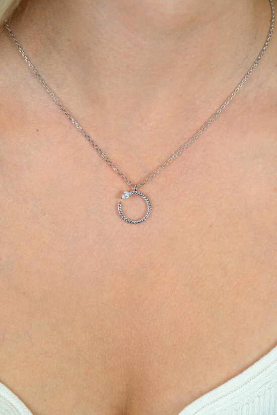 ZINZI zilveren ketting 42–45cm met ronde slang-hanger (15mm), bezet met peervormige witte zirkonia ZIC2722