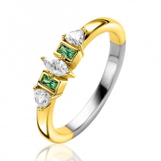 ZINZI gold plated zilveren ring met zettingen in peer, rechthoek en driehoeksvorm bezet met witte en groene kleurstenen ZIR2630GC