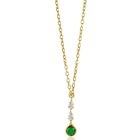 ZINZI gold plated zilveren schakelketting met hanger (31mm) bezet met twee peervormige witte zirconia's en een ronde groene kleursteen 40-45cm ZIC-BF69G
