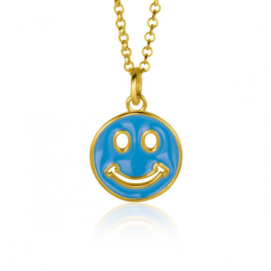ZINZI gold plated zilveren hanger smiley rond 15mm met blauw emaille ZIH2312B (zonder collier)
