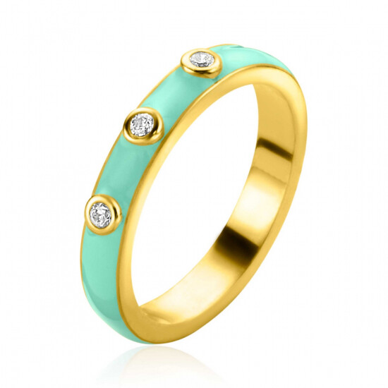 ZINZI gold plated zilveren aanschuifring trendy turquoise emaille en witte zirconia's 3mm ZIR2315TC