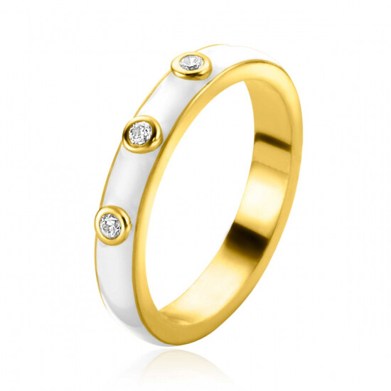 ZINZI gold plated zilveren aanschuifring trendy wit emaille en witte zirconia's 3mm ZIR2315WC