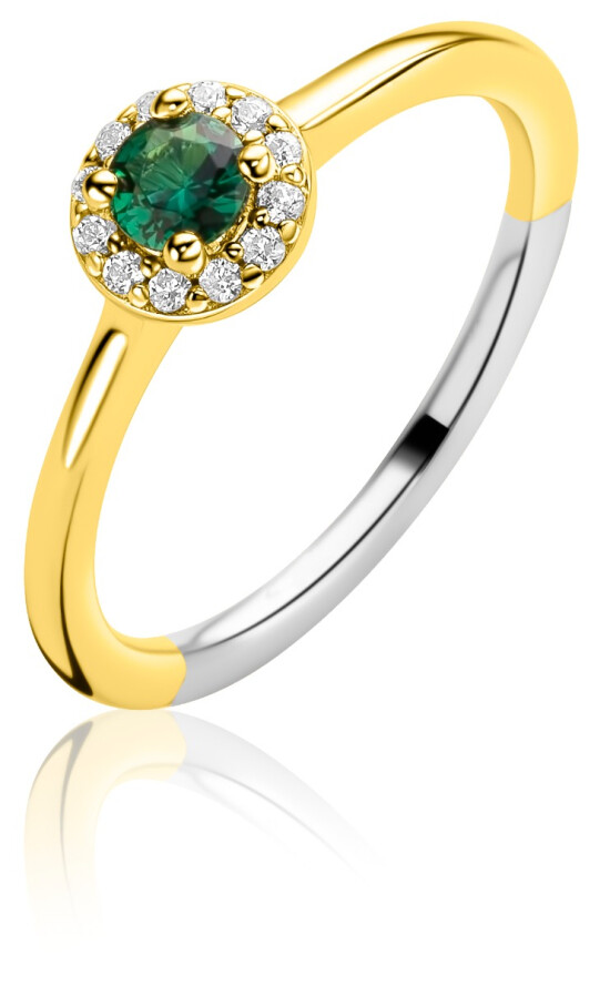 ZINZI gold plated zilveren entourage ring bezet met witte zirkonia's en smaragdgroene kleursteen ZIR2697G