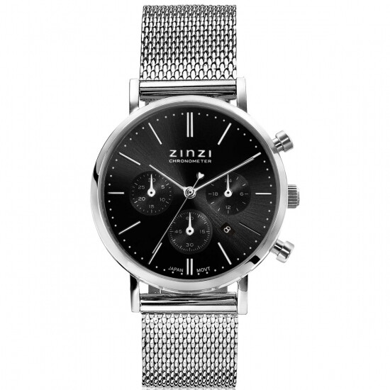 ZINZI horloge CHRONOGRAPH 34mm zwarte wijzerplaat met datum en chronometers, stalen kast, stalen mesh band 18mm ZIW1501
