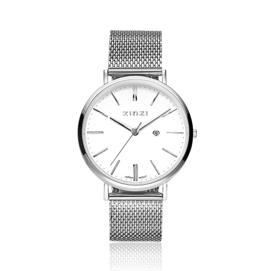 Zinzi Retro horloge witte wijzerplaat stalen kast zilvergekleurd stalen mesh band zilvergekleurd 38mm extra dun ZIW406M
