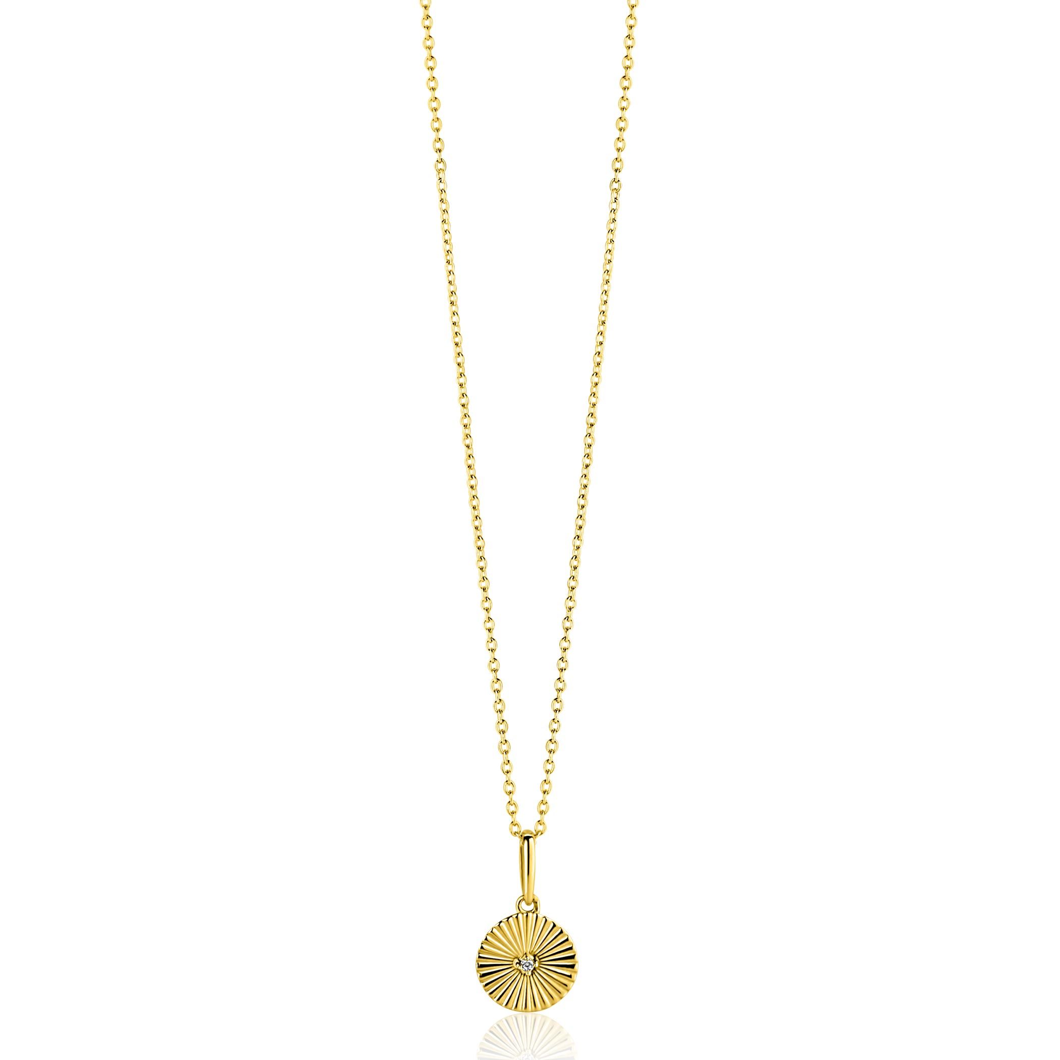 14mm ZINZI Gold 14 krt gouden hanger rond met zonnestralen en witte zirkonia ZGH542 (zonder collier)
