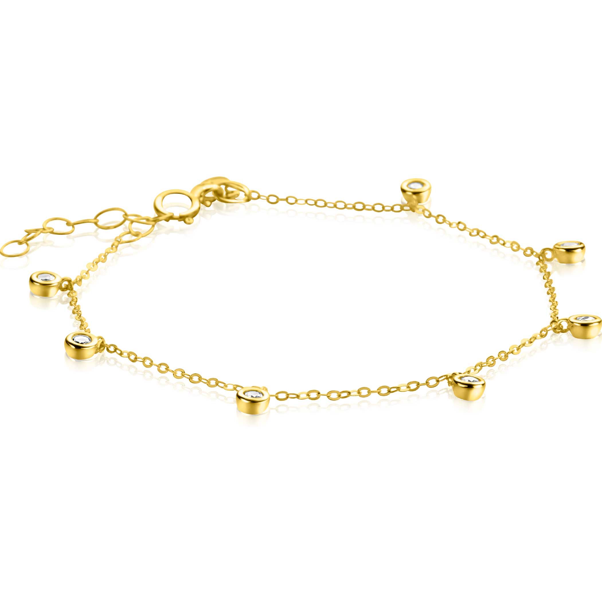 ZINZI Gold 14 krt gouden armband met zeven ronde hangertjes, bezet met witte zirconia's 15,5-18,5cm ZGA451
