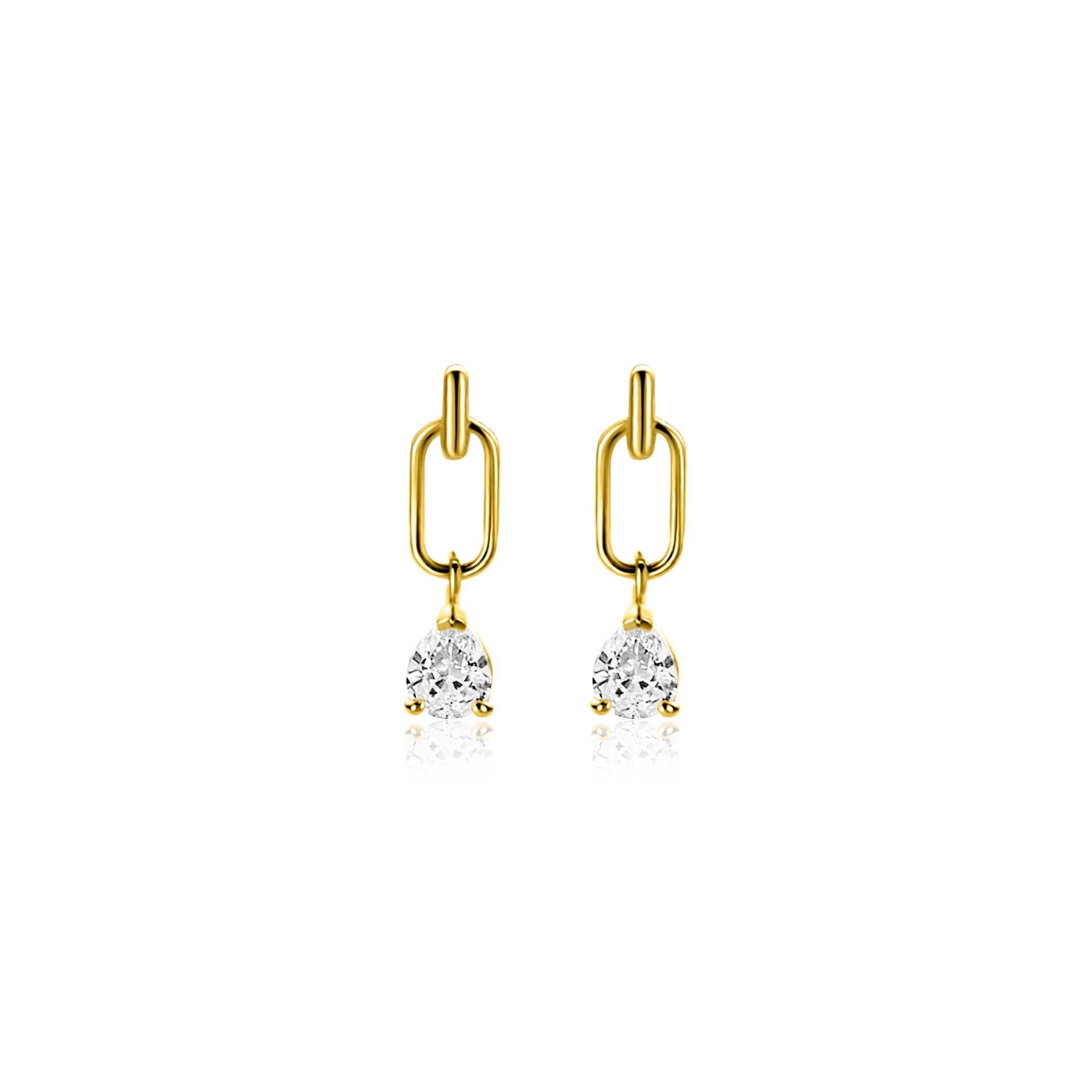 12mm ZINZI Gold 14 krt gouden oorstekers, open ovaal met peervormige witte zirkonia ZGO548