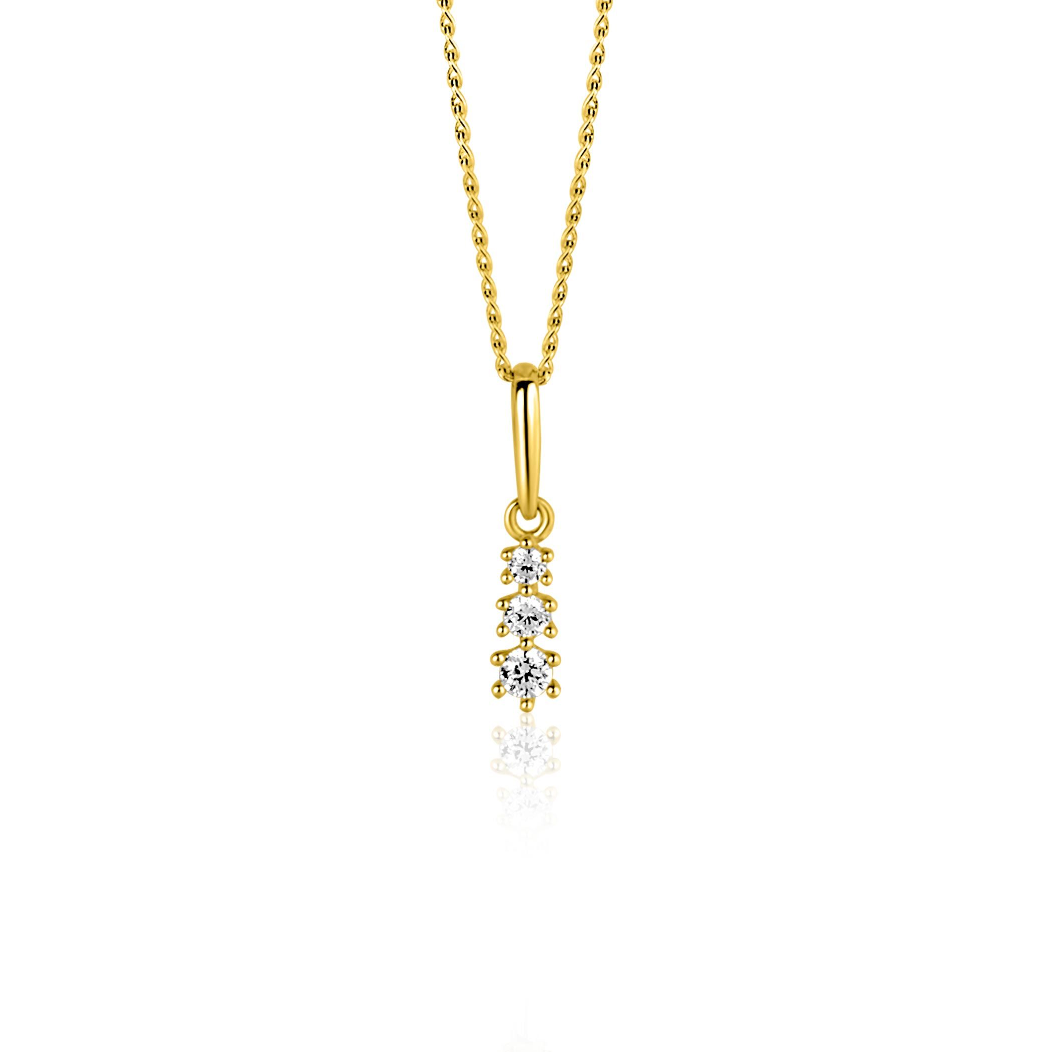 13mm ZINZI Gold 14 krt gouden hanger met drie witte zirkonia's ZGH543 (zonder collier)