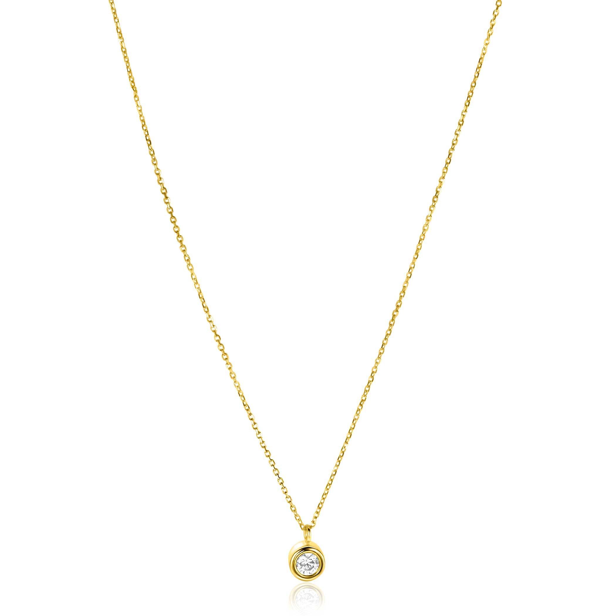 ZINZI Gold 14 krt gouden schakelkettinkje 43cm met sierlijke ronde hanger, bezet met witte zirconia ZGC371