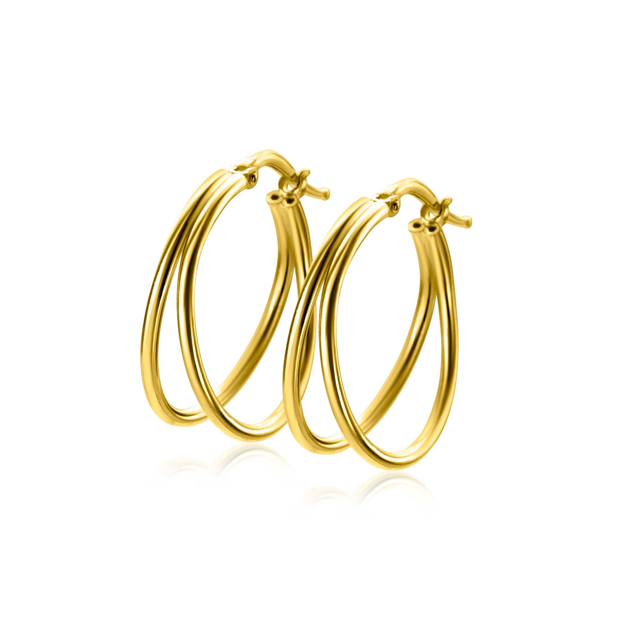 23mm ZINZI gold plated zilveren multi-look oorringen met een trendy dubbele buis en handige bovensluiting ZIO-BF114G