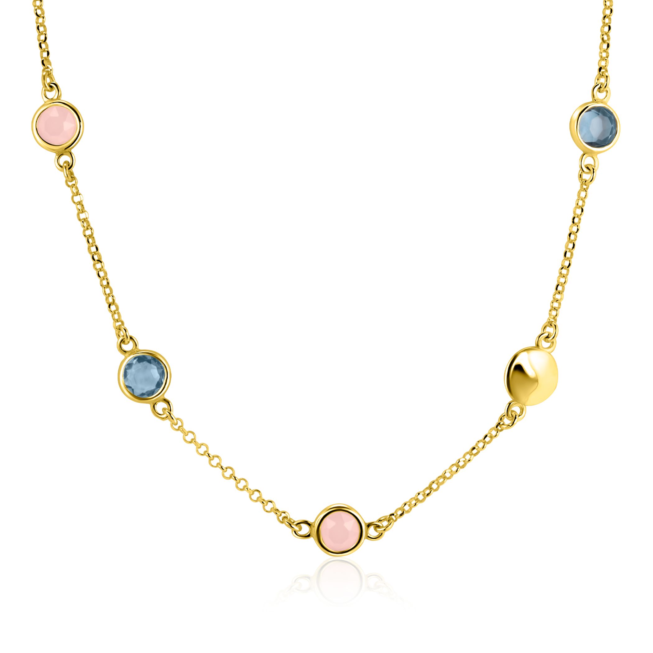 ZINZI gold plated zilveren ketting 40–45cm met rondjes, bezet met blauwe en roze kleurstenen ZIC2715G