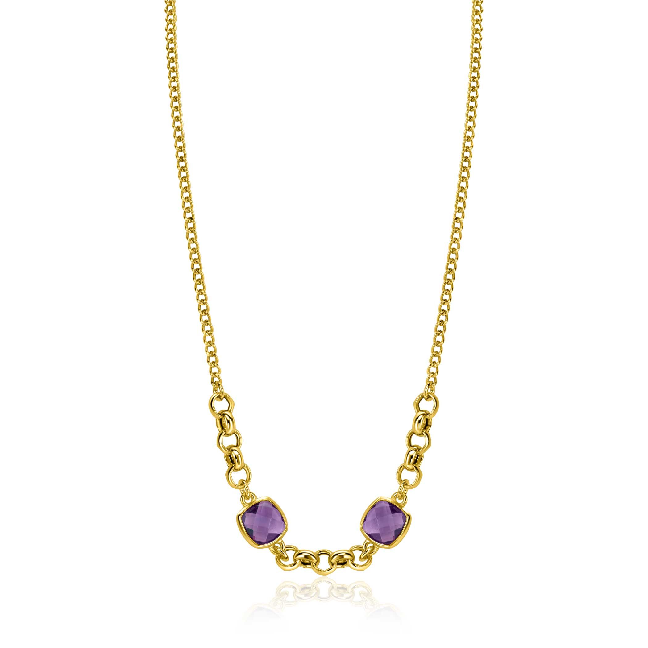 ZINZI gold plated zilveren gourmet schakel ketting met twee vierkante paarse kleurstenen 40-45cm ZIC-BF122