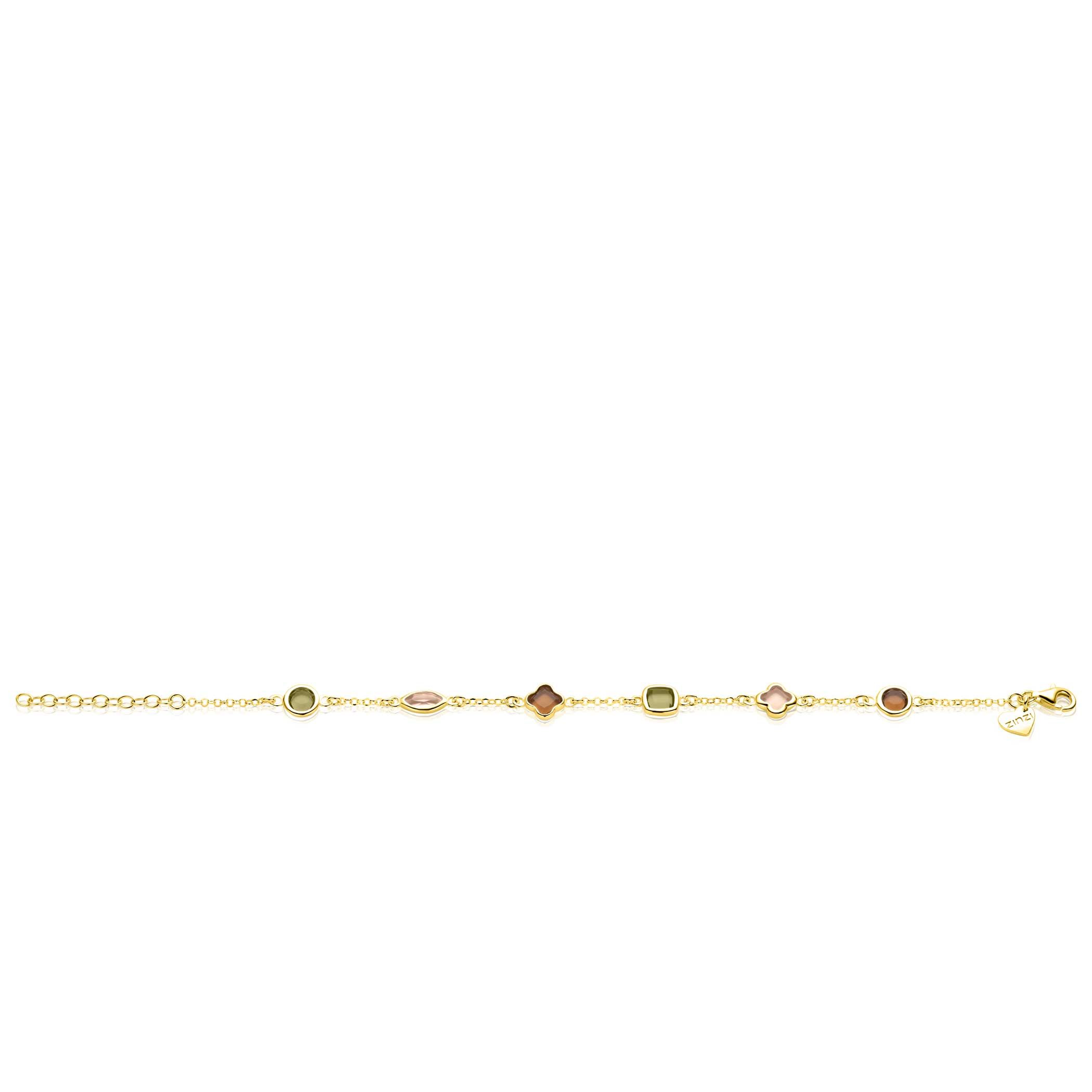 ZINZI gold plated zilveren fantasie armband met speelse vormen bruin en olijfgroen ZIA2771