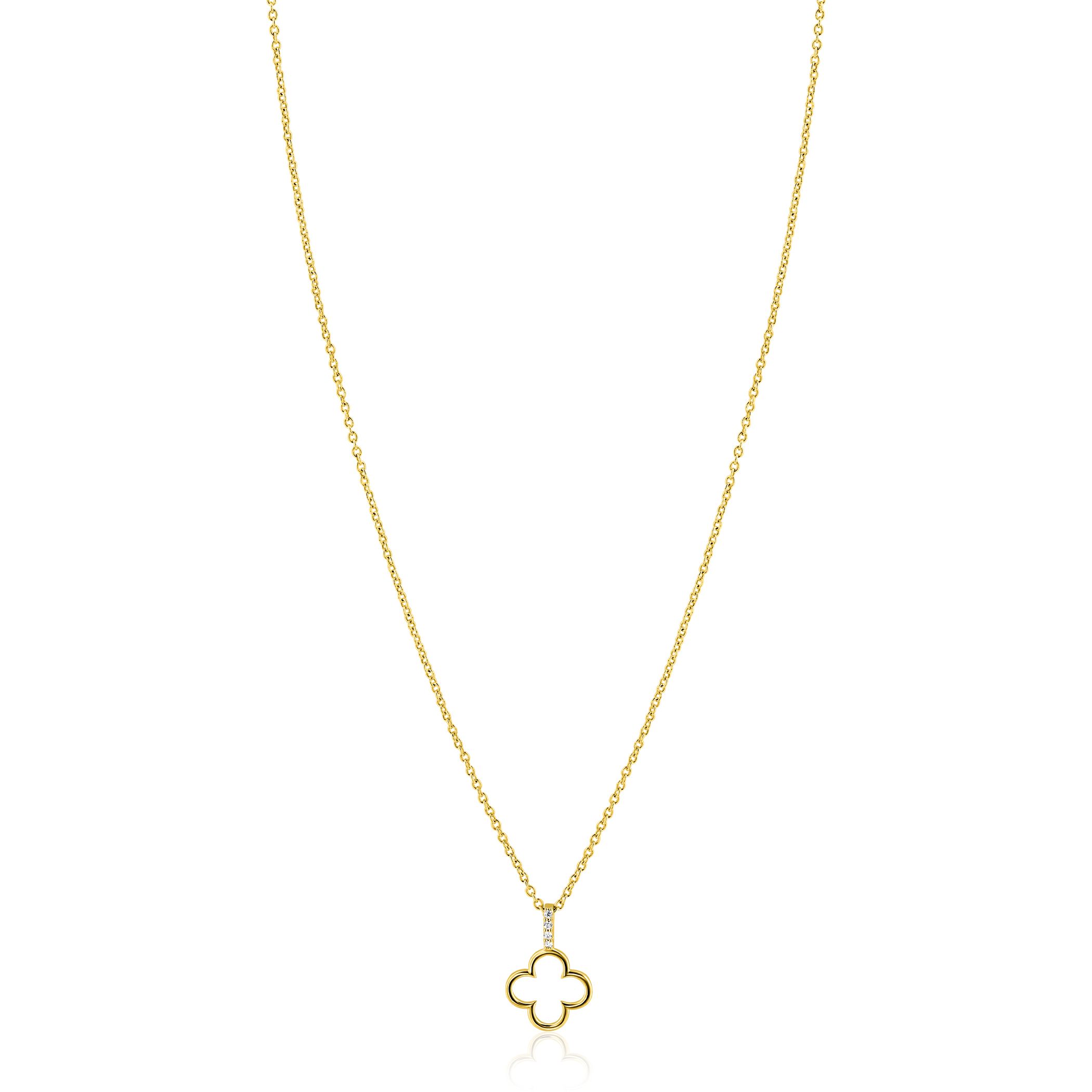 ZINZI gold plated zilveren ketting 42-45cm met open klaver hanger ZIC2743