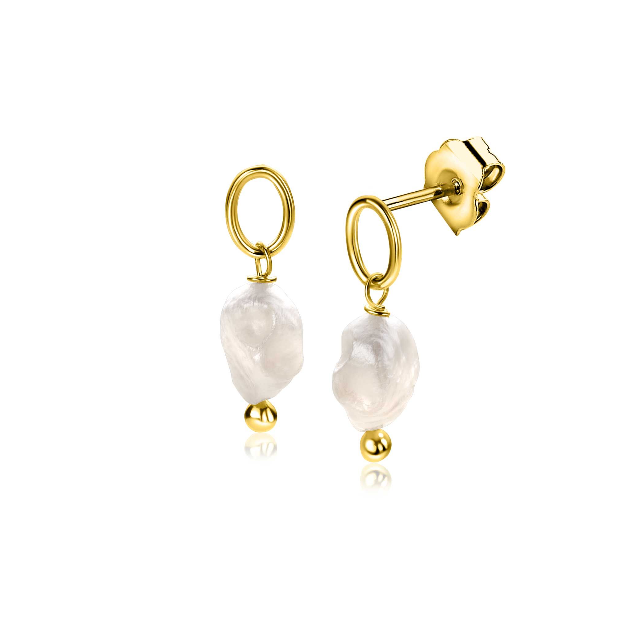 21mm ZINZI gold plated zilveren oorstekers met open gewerkt rondje, waaraan een witte zoetwaterparel bungelt ZIO-BF112G